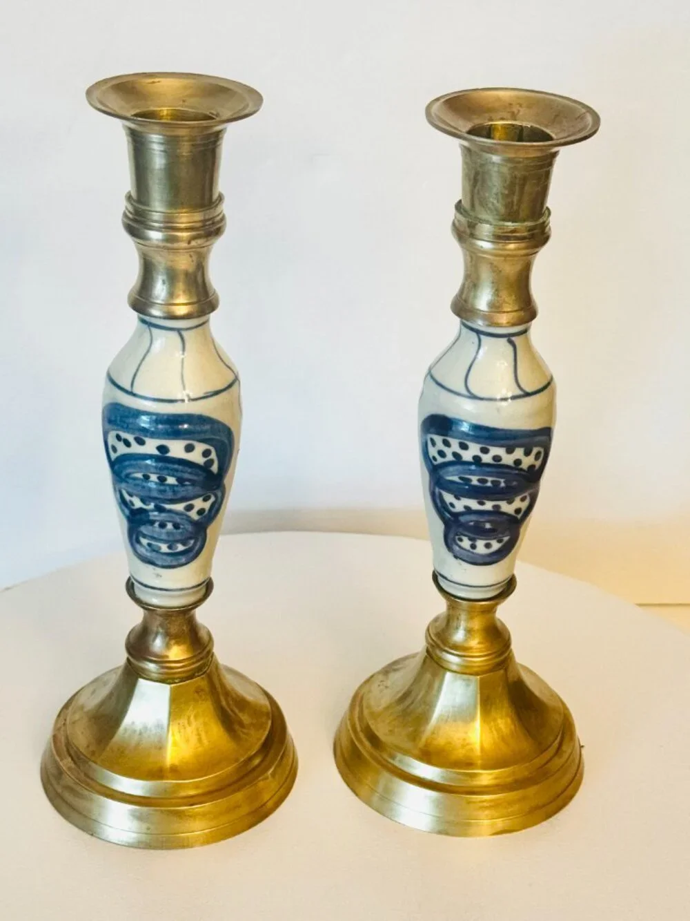 Pair Delft Vtg Blue White Ceramic Brass 9